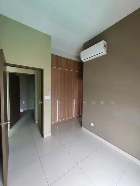 Room features: cream painted walls, brown accent wall, glossy ceramic tile flooring, wall-mounted split AC, built-in wardrobe, doorway leading to another room, neutral ceiling, baseboard trim; style: modern.