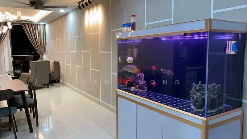 Living features: white painted walls, glossy tile flooring, ceiling fan, chandelier, floor-to-ceiling windows, curtains, aquarium with colorful fish, dining table with chairs, upholstered armchair, decorative wall panels, open layout, LED lighting, wall-mounted decor; style: modern; view: city.