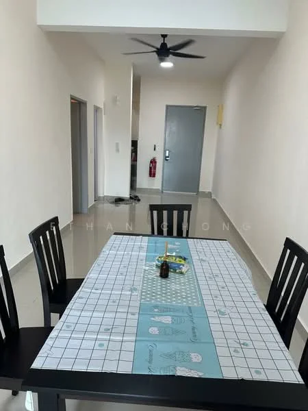 Dining features: dining table with patterned tablecloth, black wooden dining chairs, light grey tiled flooring, white painted walls, ceiling fan with light, wall-mounted fire extinguisher, doorway leading to hallway, door leading to exterior; style: modern. Hallway features: light grey tiled flooring, white painted walls, door leading to bathroom, door leading to utility room; style: modern.