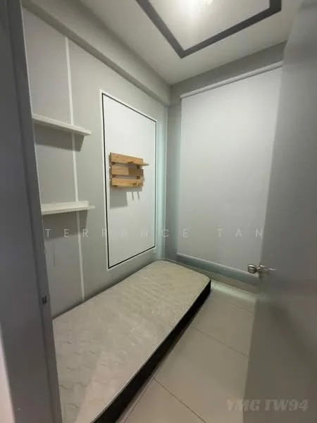 Room features: white painted walls, grey accent wall, tile flooring, ceiling with recessed lighting, built-in shelf, wooden wall-mounted rack, empty mattress base, single window with sheer curtains; style: modern.