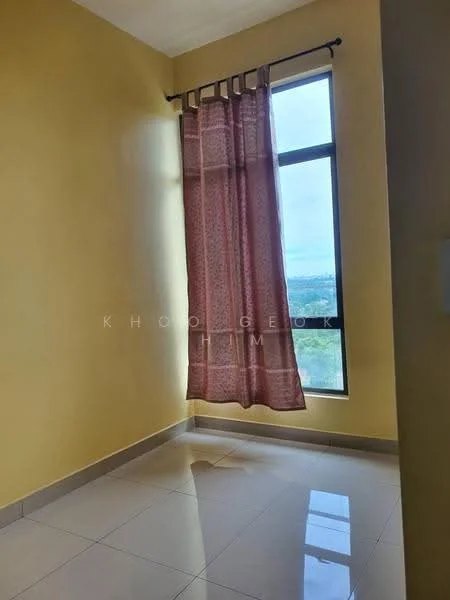 Room features: yellow painted walls, floor-to-ceiling window, curtains, glossy tile flooring, city view, corner room, natural light; style: modern; view: city.