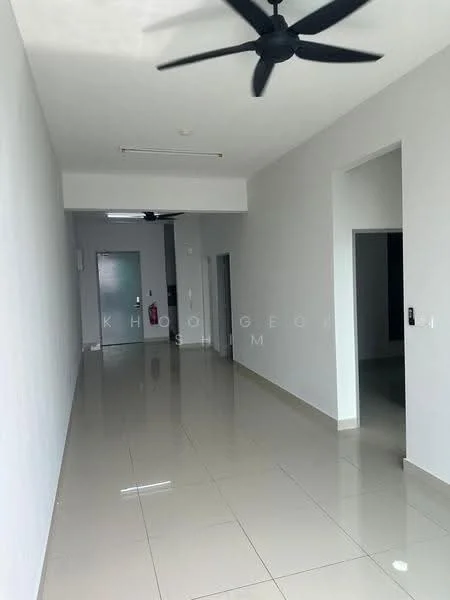 Hallway features: white painted walls, glossy ceramic tile flooring, 5-blade ceiling fan, recessed downlights, fire extinguisher mounted on wall, doorway leading to another room, doorway leading to the entrance, open space layout; style: modern.