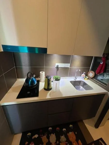 Kitchen features: white cabinetry, grey tiled backsplash, black countertop, single-bowl stainless-steel sink, chrome pull-down faucet, built-in induction cooktop, kettle, toaster, paper towel holder, decorative wall clock, area rug with animal pattern, under-cabinet lighting; style: modern.