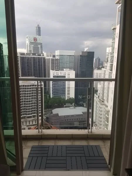 Room features: glass sliding door, balcony with tiled flooring, city skyline view, railing, curtains, high-rise building backdrop; style: modern; view: city.