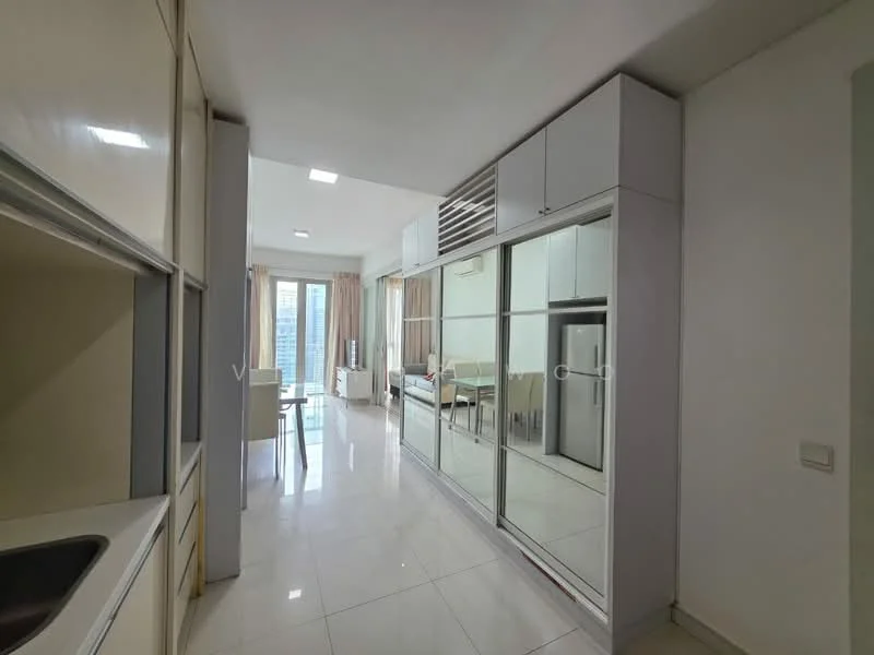 Room features: white painted walls, glossy tile flooring, built-in cabinetry with mirrored doors, refrigerator, dining table with chairs, large windows with sheer curtains, air conditioning unit, open layout, neutral color scheme, ceiling lights; style: modern; view: city.