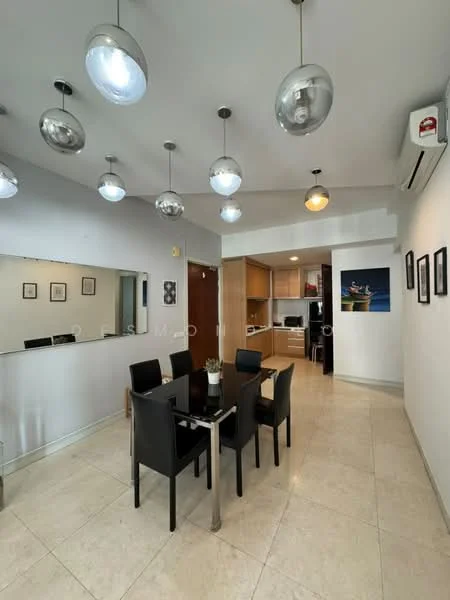 Dining features: 4-seater dining table, black dining chairs, pendant lighting fixtures, mirror on wall, cream tiled flooring, air conditioning unit, wall-mounted artwork, neutral painted walls; style: modern. Kitchen features: wood cabinetry, built-in appliances, countertop, open layout to dining area; style: modern.