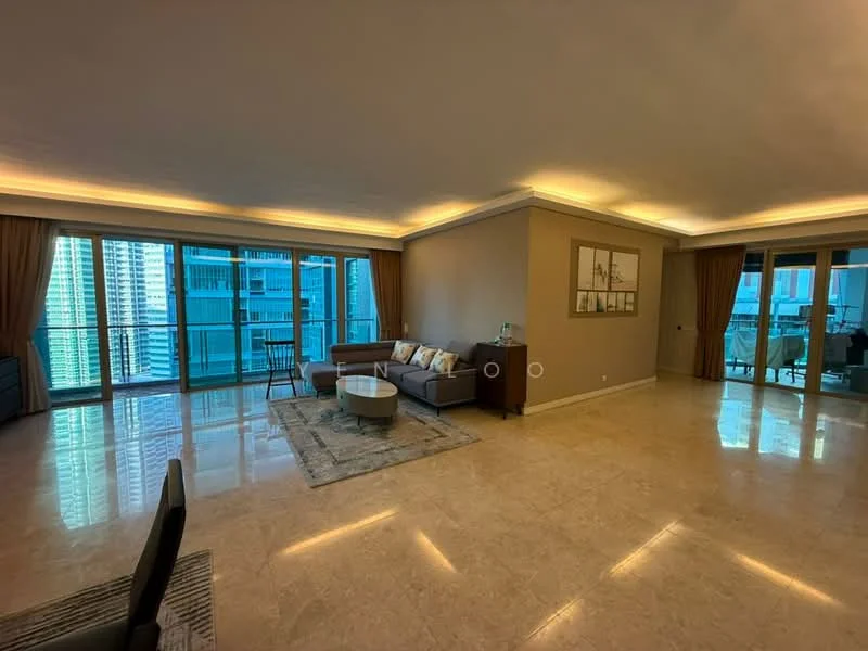 Living features: marble tile flooring, cream painted walls, recessed LED downlights, floor-to-ceiling windows, sliding glass door, sheer curtains, sofa in beige, coffee table, area rug with geometric pattern, decorative artwork on wall, dining table with chairs, open layout, balcony view, wall-mounted TV; style: modern; view: city.