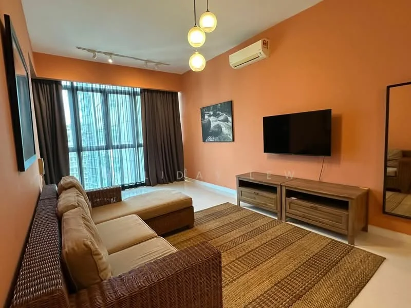 Living features: orange painted walls, white ceiling, 3-blade ceiling fan, floor-to-ceiling windows, blackout curtains, light wood flooring, 2-seater fabric sofa in beige, woven area rug, TV console with storage, wall-mounted TV, framed artwork, decorative mirror; style: modern; view: city.
