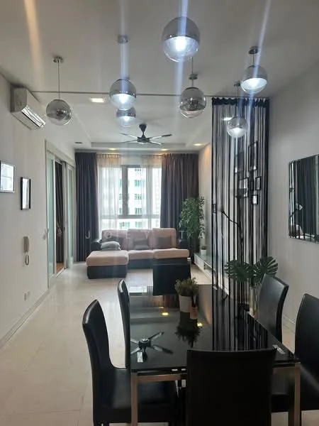 Living features: sofa in beige and brown, glass coffee table, dining table with black chairs, 5-blade ceiling fan, recessed downlights, pendant lights with reflective globes, floor-to-ceiling windows, blackout curtains, white painted walls, tile flooring, decorative plant, wall-mounted mirror; style: modern; view: city.