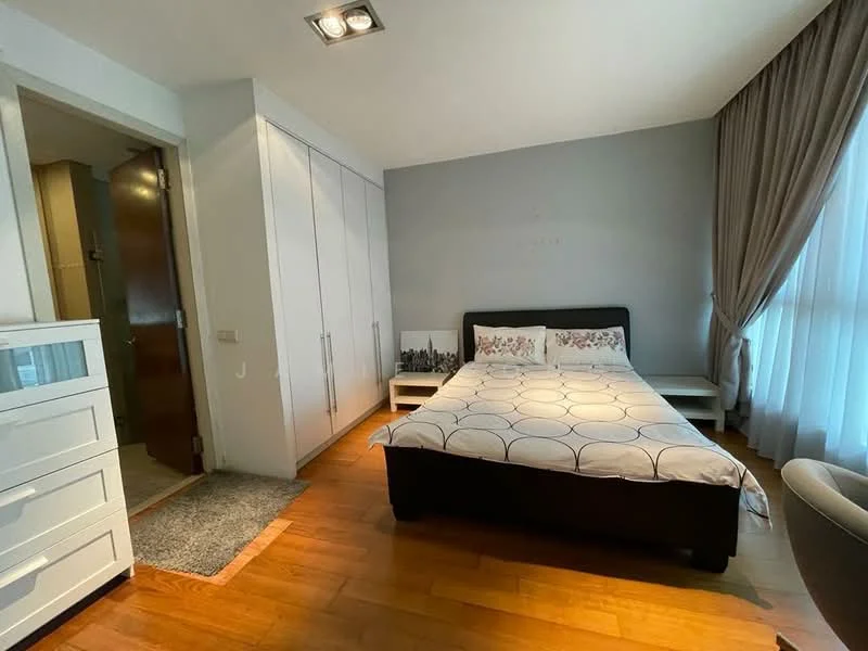 Bedroom features: king-size bed with patterned bedding, upholstered headboard, built-in wardrobe with sliding doors, nightstands on either side of the bed, large window with sheer curtains, wooden flooring, recessed ceiling lights, decorative wall with grey paint, area rug, wall-mounted artwork; style: modern.