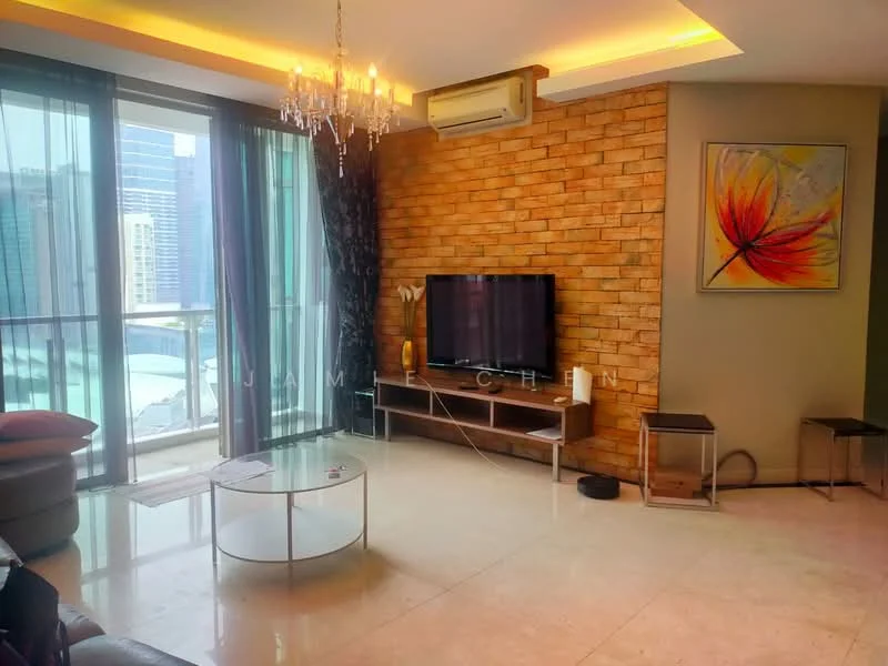 Living features: exposed brick accent wall, cream painted walls, marble tile flooring, 5-blade ceiling fan with light, chandelier, floor-to-ceiling windows, sliding glass door, TV console, wall-mounted TV, glass coffee table, upholstered sofa in grey, decorative artwork, sheer curtains; style: modern; view: city.