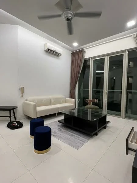 Living features: white fabric sofa, glass coffee table, 2 blue velvet stools, area rug with geometric pattern, floor-to-ceiling windows, sheer curtains, wall-mounted split AC, recessed downlights, white painted walls, polished tile flooring, ceiling fan; style: modern.