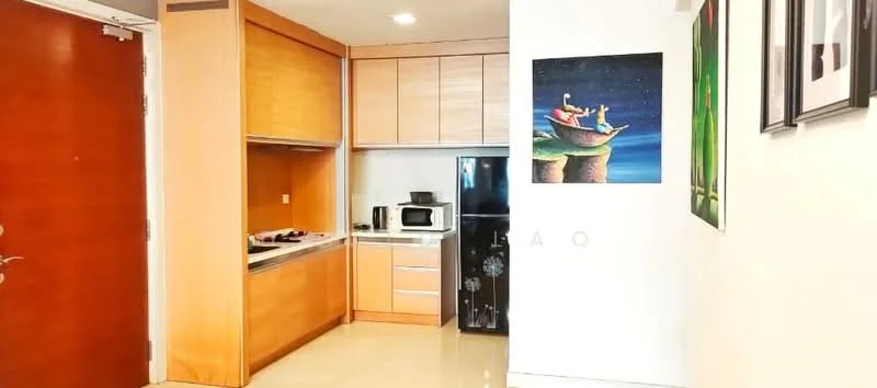 Kitchen features: wood cabinetry, black fridge, built-in microwave, ceramic cooktop, stainless-steel sink, chrome faucet, countertop with storage, tile flooring, recessed lighting; style: modern. Room features: white walls, framed artwork, tile flooring.