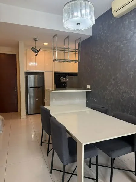 Dining features: white dining table, 4 grey upholstered dining chairs, pendant light fixture, recessed downlights, grey accent wall, white cabinetry, stainless-steel fridge, built-in oven, kitchen island, ceramic tile flooring, air conditioning unit; style: modern.