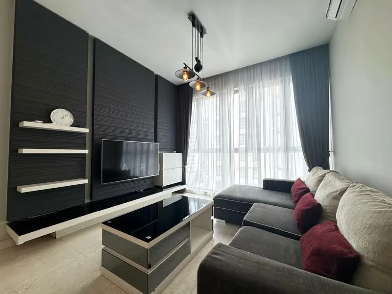 Living features: grey sectional sofa, cream fabric sofa, black coffee table with glass top, wall-mounted TV, floating white shelves, decorative clock on shelf, floor-to-ceiling windows with sheer curtains, recessed downlights, pendant lighting with multiple bulbs, light-coloured tiled flooring, dark accent wall with textured panels, air conditioning unit; style: modern; view: city.