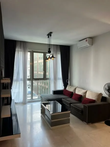 Living features: 3-seater fabric sofa in dark grey, 2 red accent cushions, glass coffee table with silver base, floor-to-ceiling windows, sheer white curtains, blackout curtains in dark grey, wall-mounted TV console, air conditioning unit, ceiling light fixture with multiple bulbs, ceiling fan, light-colored tile flooring; style: modern; view: city.