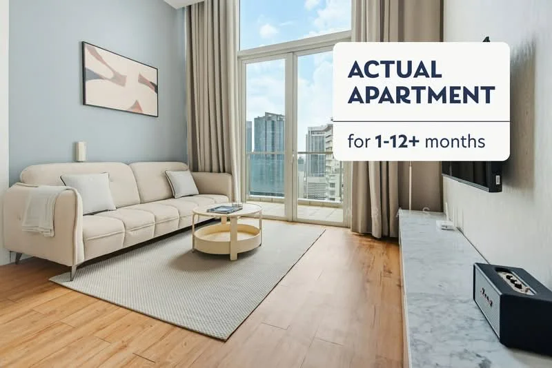 Living features: light-colored fabric sofa, round coffee table, wall-mounted TV, marble TV console, floor-to-ceiling windows, sheer curtains, wooden flooring, abstract artwork on wall, city skyline view; style: modern; view: city.