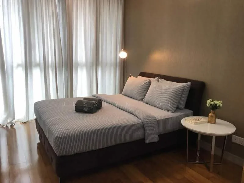 Bedroom features: king-size bed with upholstered headboard, striped bedding, bedside table, table lamp, wooden flooring, floor-to-ceiling windows with sheer curtains, decorative vase with flowers, neutral wall color; style: modern.
