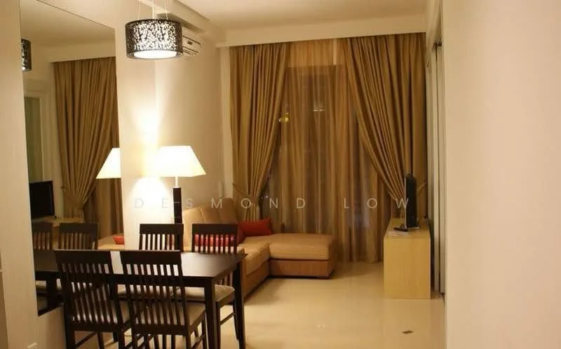 Living features: cream painted walls, glossy tile flooring, sofa in beige, wooden dining table with four chairs, floor lamp, TV console, wall-mounted TV, curtains in beige, recessed downlights, air conditioning unit; style: modern.
