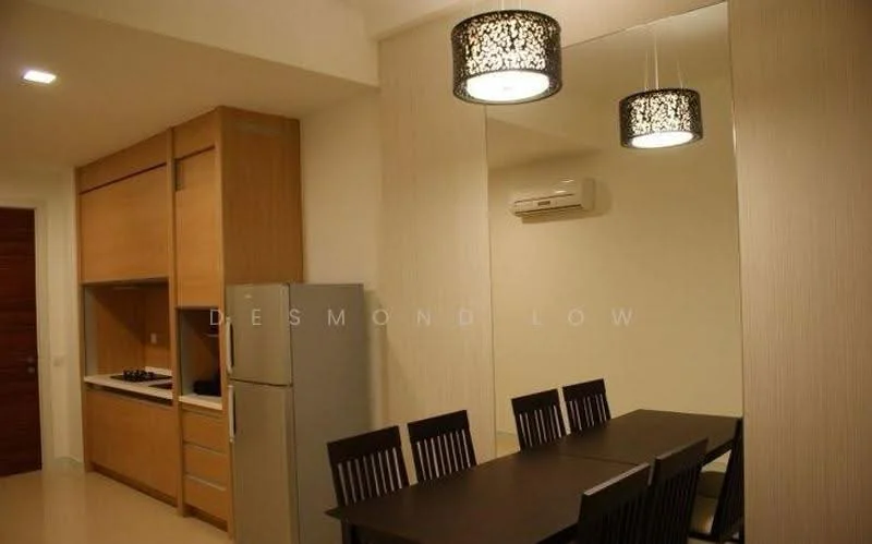 Dining features: dark wooden dining table, 4 wooden dining chairs, recessed ceiling lights, 2 pendant lamps with decorative shades, mirrored wall, wall-mounted air conditioning unit, light-colored walls, laminate flooring; style: modern. Kitchen features: built-in kitchen cabinetry in light wood, stainless-steel fridge, gas cooktop, exhaust hood, countertop space, open shelving; style: modern.