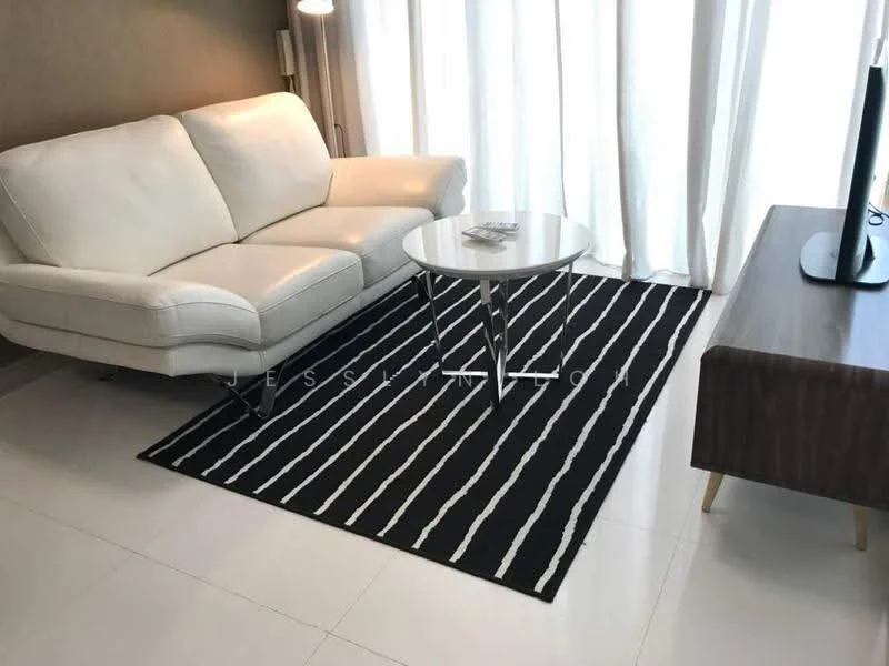 Living features: white leather sofa, round glass coffee table, black and white striped area rug, wall-mounted TV, light-colored walls, large windows with sheer curtains, polished tile flooring, wooden TV console; style: modern.