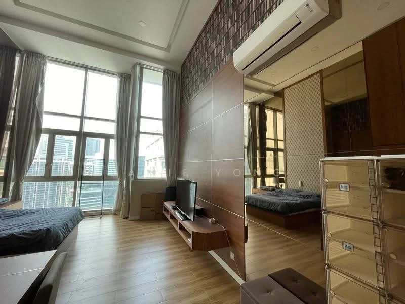 Bedroom features: floor-to-ceiling windows, grey upholstered bed, wooden flooring, wall-mounted TV, wooden TV console, mirrored wardrobe, air conditioning unit, decorative wall paneling, curtains, bedside table; style: modern; view: city.