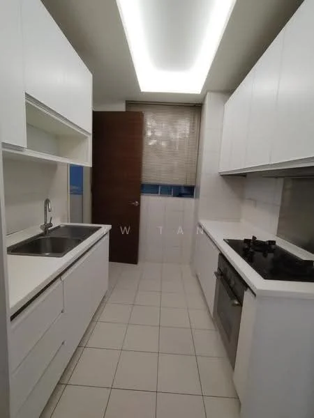 Kitchen features: white cabinetry, stainless-steel sink, chrome pull-down faucet, white countertop, built-in gas hob, built-in oven, tile flooring, white tiled backsplash, window with blinds, recessed ceiling lights; style: modern.
