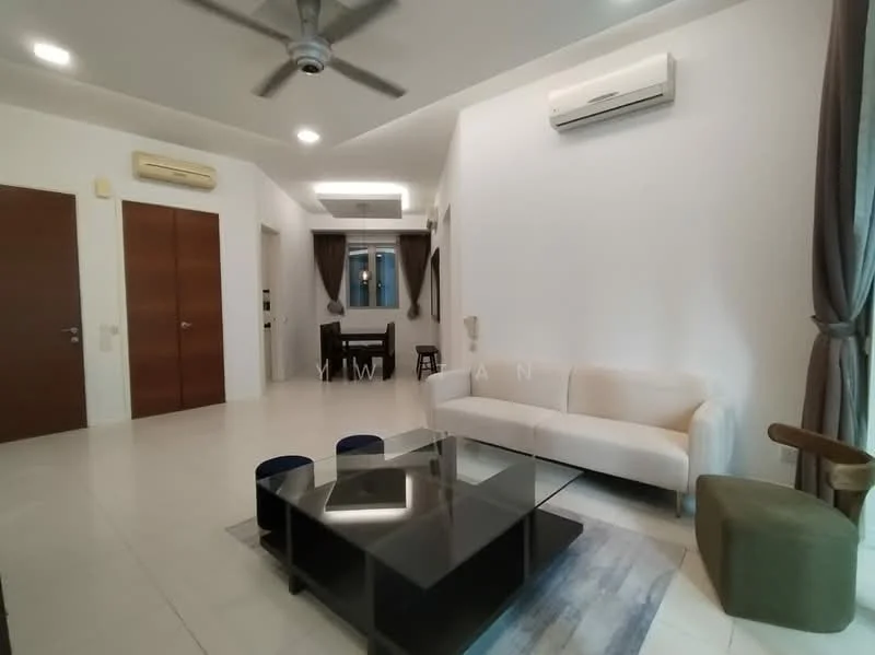 Living features: 3-seater fabric sofa in white, glass coffee table, 2 blue ottomans, ceiling fan with light, 2 wall-mounted split AC units, recessed downlights, large window with sheer curtains, white painted walls, tile flooring; style: modern.