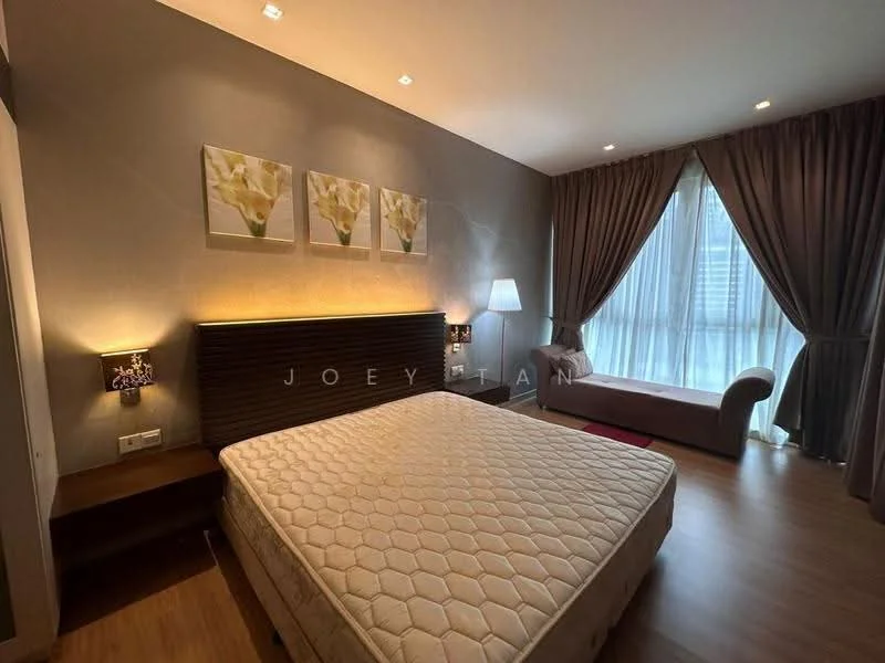Bedroom features: queen-size bed base without mattress, wooden flooring, grey painted walls, two framed floral artworks, wall-mounted bedside lamps, curtains with sheer and blackout layers, large window with city view, upholstered chaise lounge, wooden nightstand, recessed ceiling lights; style: modern; view: city.