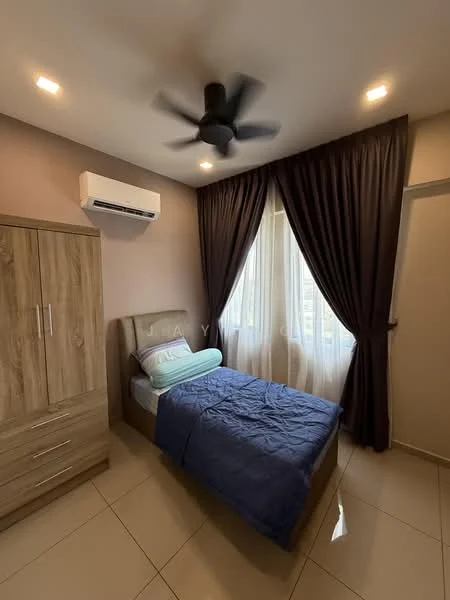 Bedroom features: single bed, upholstered headboard, bedside table, wooden wardrobe, floor-to-ceiling window, sheer curtains, blackout curtains, 5-blade ceiling fan, wall-mounted split AC, cream painted walls, tile flooring, decorative wall light; style: modern; view: city.