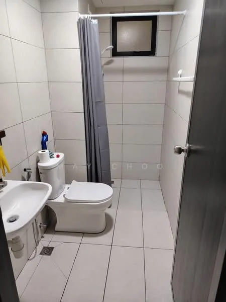 Bathroom features: white tiled walls, light grey tiled flooring, shower with grey curtain, toilet, sink with faucet, small window, towel rack, cleaning supplies on shelf; style: modern.