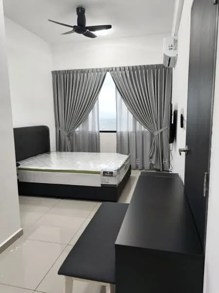 Bedroom features: queen-size bed, black upholstered headboard, grey curtains, floor-to-ceiling window, white painted walls, light-colored tiled flooring, ceiling fan, wall-mounted air conditioning unit, black bedside table, black console table; style: modern; view: city.