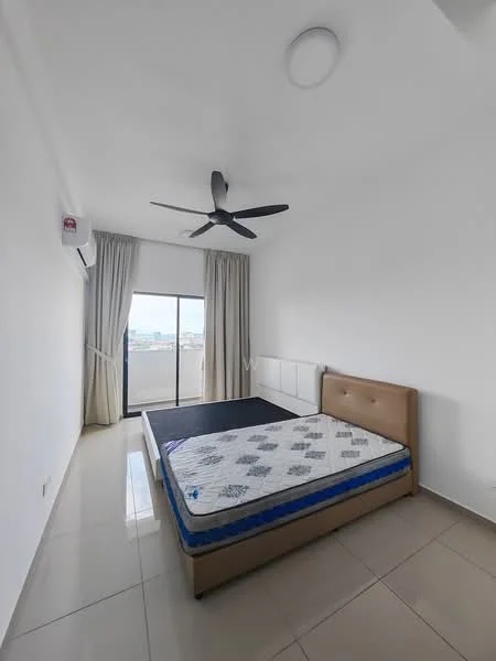 Bedroom features: king-size bed, upholstered headboard, white painted walls, floor-to-ceiling window, sheer curtains, 5-blade ceiling fan, wall-mounted split AC, tile flooring, decorative wall paneling, natural light from window; style: modern; view: city.
