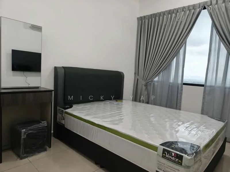 Bedroom features: king-size bed with upholstered headboard, white mattress protector, grey bed frame, wall-mounted TV, black bedside table, mirror on dresser, floor-to-ceiling windows, grey curtains, cream tiled flooring, decorative wall, light-colored walls; style: modern.
