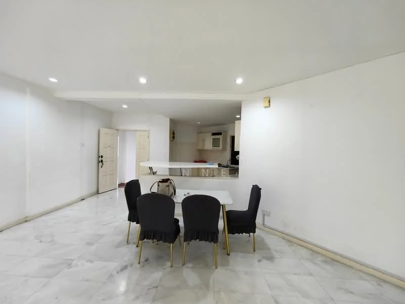 Dining features: white painted walls, marble flooring, 6-seater dining table, upholstered dining chairs in black, recessed downlights, open layout to kitchen, floor-to-ceiling windows, neutral color scheme; style: modern.