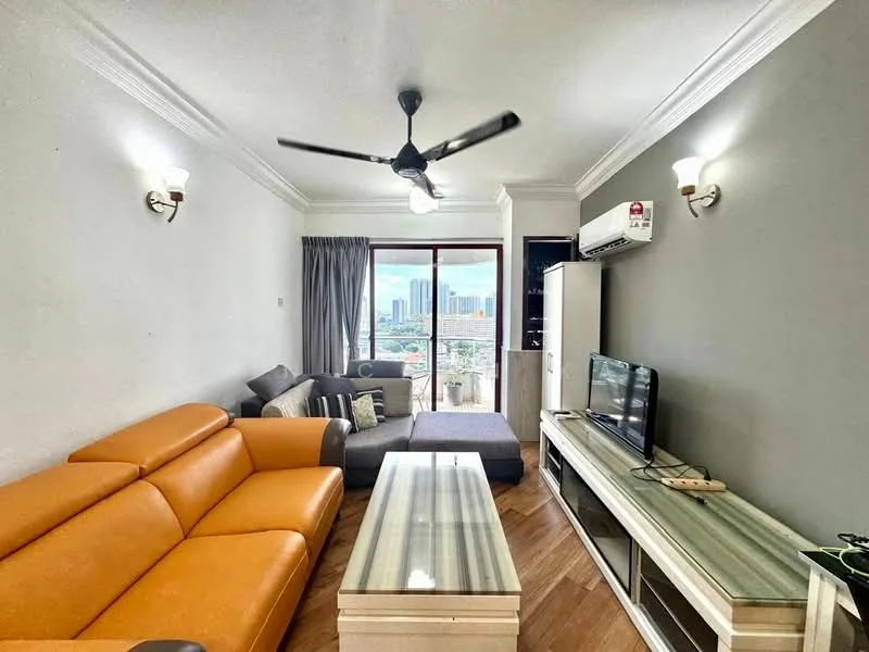 Living features: orange leather sofa, grey fabric sectional sofa, wooden coffee table with striped top, wall-mounted TV, TV console, 5-blade ceiling fan, recessed downlights, curtains, wooden flooring, air conditioning unit, city skyline view through window; style: modern; view: city.
