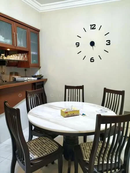Dining features: round marble dining table, 4 wooden dining chairs with upholstered seats, wooden cabinetry with glass display shelves, wall-mounted clock, cream painted walls, white tiled flooring, recessed ceiling lights; style: modern.