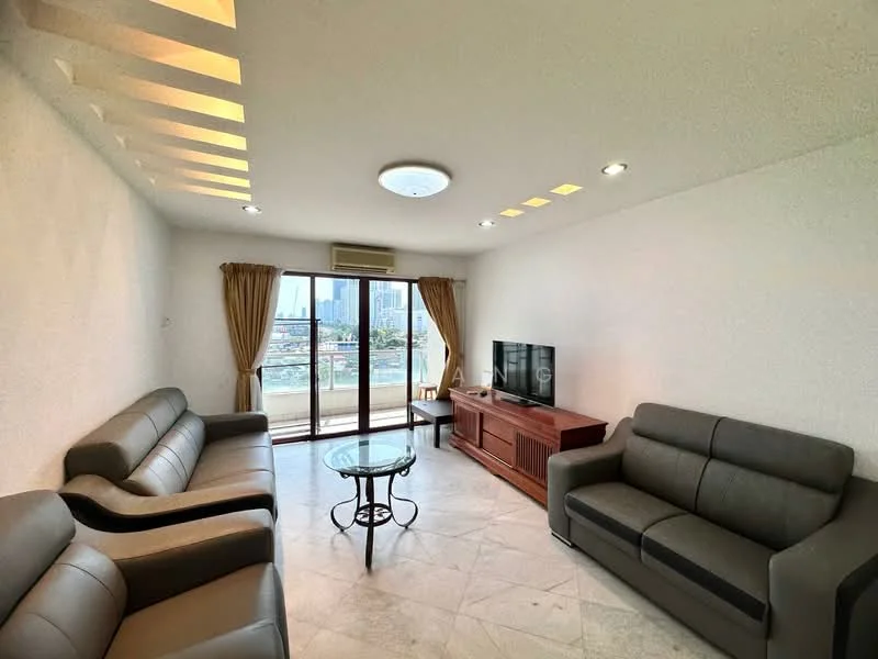 Living features: 2-seater leather sofa in grey, 3-seater fabric sofa in beige, glass coffee table, TV console in wood, wall-mounted TV, floor-to-ceiling windows, curtains, recessed downlights, ceiling rose, marble flooring, air conditioning unit; style: modern; view: city.