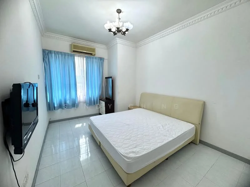 Bedroom features: white painted walls, glossy tile flooring, 5-blade ceiling fan with light, window with sheer curtains, wall-mounted TV, upholstered bed frame, no mattress, built-in wardrobe, air conditioning unit; style: modern; view: city.