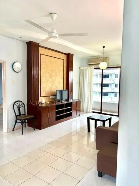 Living features: white painted walls, glossy tile flooring, 5-blade ceiling fan with light, wall-mounted TV, wooden TV console, brown fabric sofa, black coffee table, large sliding glass door, sheer curtains, decorative wall panel, clock on wall, chair; style: modern; view: city.
