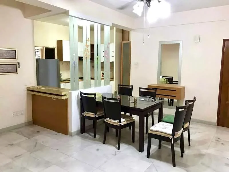Dining features: dining table with 6 chairs, white marble flooring, cream painted walls, ceiling fan with light, decorative mirror, open kitchen view, wooden sideboard, framed artwork on walls; style: modern. Kitchen features: kitchen countertop, wood cabinetry, stainless-steel fridge, open layout to dining area; style: modern.