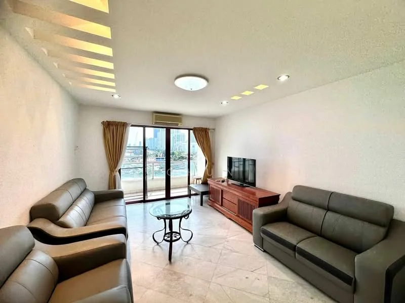 Living features: two 3-seater leather sofas in grey, glass coffee table, wall-mounted TV, wooden TV console, floor-to-ceiling windows, sliding glass door, sheer curtains, recessed downlights, ceiling light fixture, marble flooring, white painted walls; style: modern; view: city.