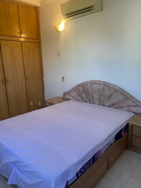 Bedroom features: queen-size bed, upholstered headboard, built-in wardrobe with wooden doors, wall-mounted air conditioning unit, light fixture on wall, cream painted walls, tile flooring, bedside table with storage.