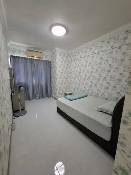 Bedroom features: single bed, upholstered headboard, white bedding, floral wallpaper, white painted walls, white tiled flooring, ceiling light, floor fan, curtains, window with natural light; style: modern.