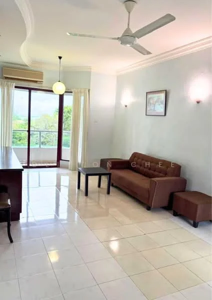 Living features: cream painted walls, white ceiling, 5-blade ceiling fan, floor-to-ceiling windows, sliding glass door, curtains, marble tile flooring, brown leather sofa, coffee table, side table, decorative wall art, balcony view; style: modern; view: garden.
