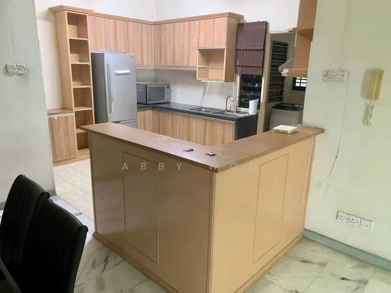 Kitchen features: laminate cabinetry in light wood finish, stainless-steel fridge, built-in microwave, double-bowl stainless-steel sink, chrome pull-down faucet, ceramic tile flooring, countertop with breakfast bar, wall-mounted cabinets, open shelving, window with blinds; style: modern.