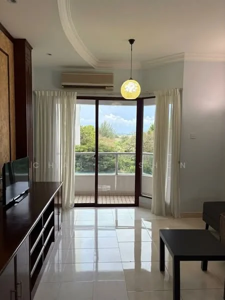 Living features: white painted walls, glossy tile flooring, floor-to-ceiling windows, sliding glass door, sheer curtains, 1 wall-mounted split AC, chandelier, TV console, coffee table, sofa, decorative wall paneling; style: modern; view: garden.