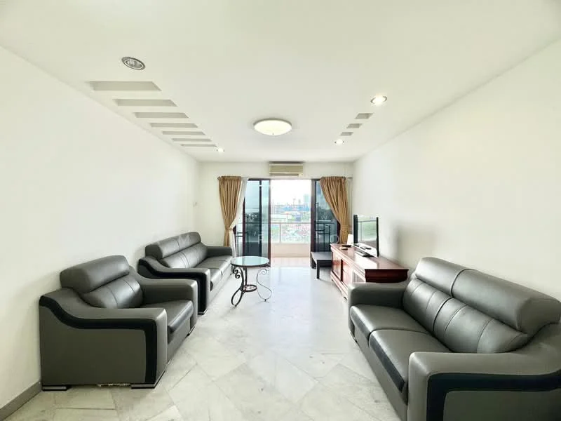 Living features: grey leather 3-seater sofa, grey leather armchairs, glass coffee table, wall-mounted TV, wood TV console, marble flooring, white painted walls, recessed ceiling lights, floor-to-ceiling windows, sheer curtains, city view; style: modern; view: city.