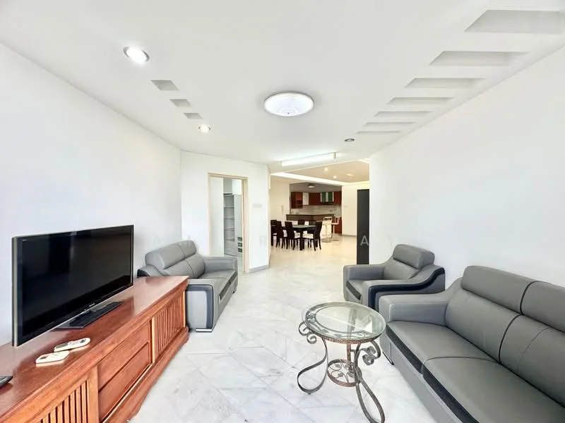 Living features: grey leather sofa, 2-seater grey leather sofa, 3-seater grey leather sofa, wooden TV console, wall-mounted TV, marble flooring, recessed ceiling lights, ceiling light fixture, decorative coffee table, open layout to dining area; style: modern.