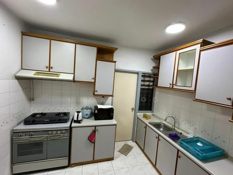 Kitchen features: white tiled walls, light grey cabinetry with wooden trim, stainless-steel gas stove, built-in oven, microwave, single-bowl stainless-steel sink, chrome pull-down faucet, white tiled flooring, overhead cabinets, countertop with space for appliances, kitchen towel rack, drain rack, kitchen mat; style: modern.